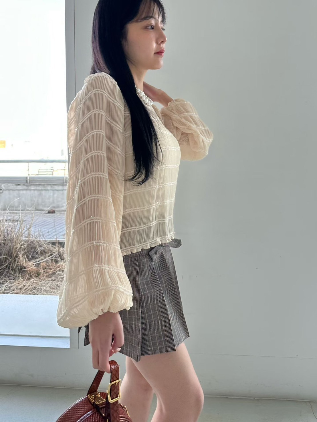 小亮片細褶燈籠袖襯衣