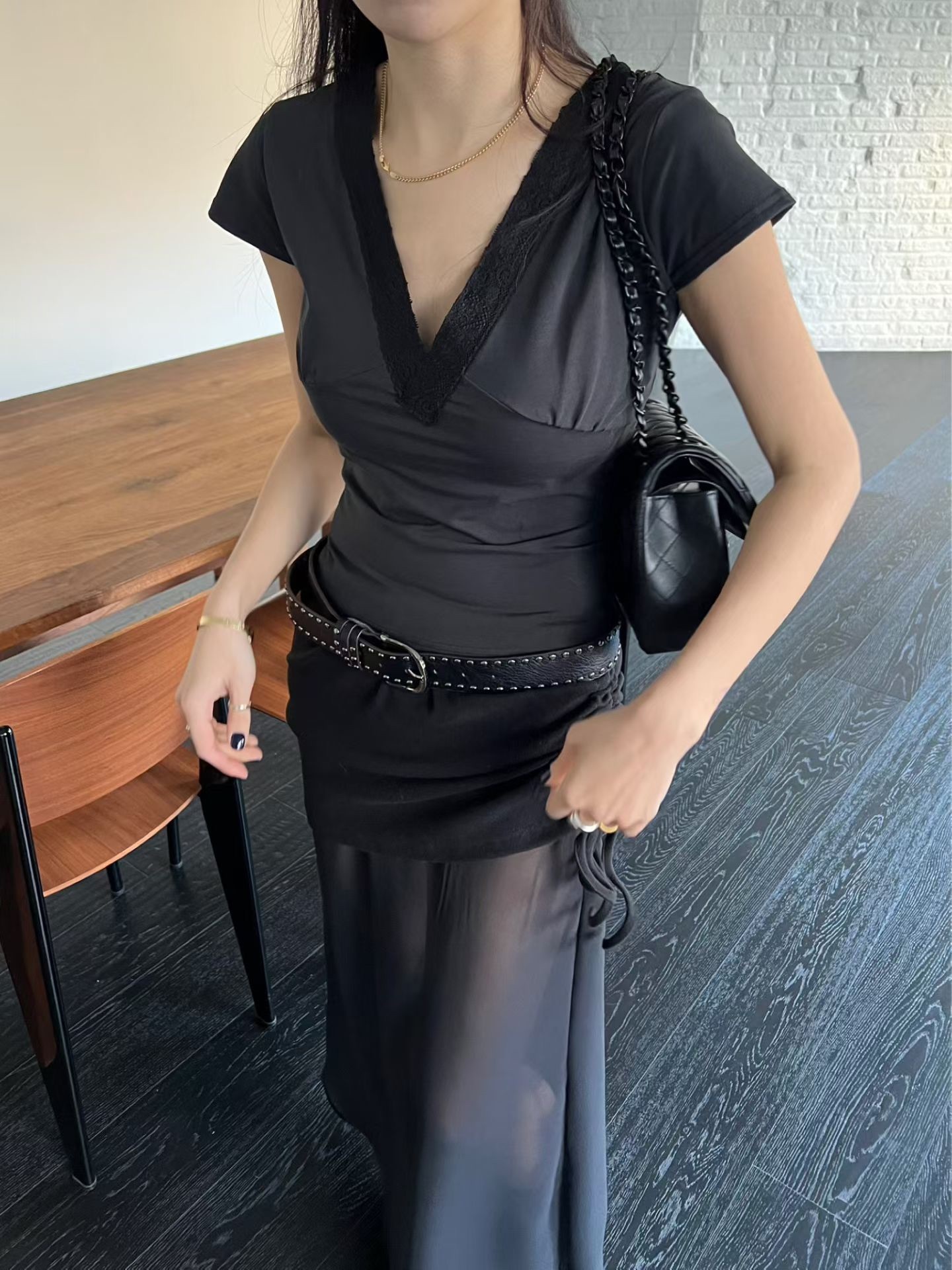 (現貨)🇰🇷#AL114 抽繩透紗長裙(黑/白)