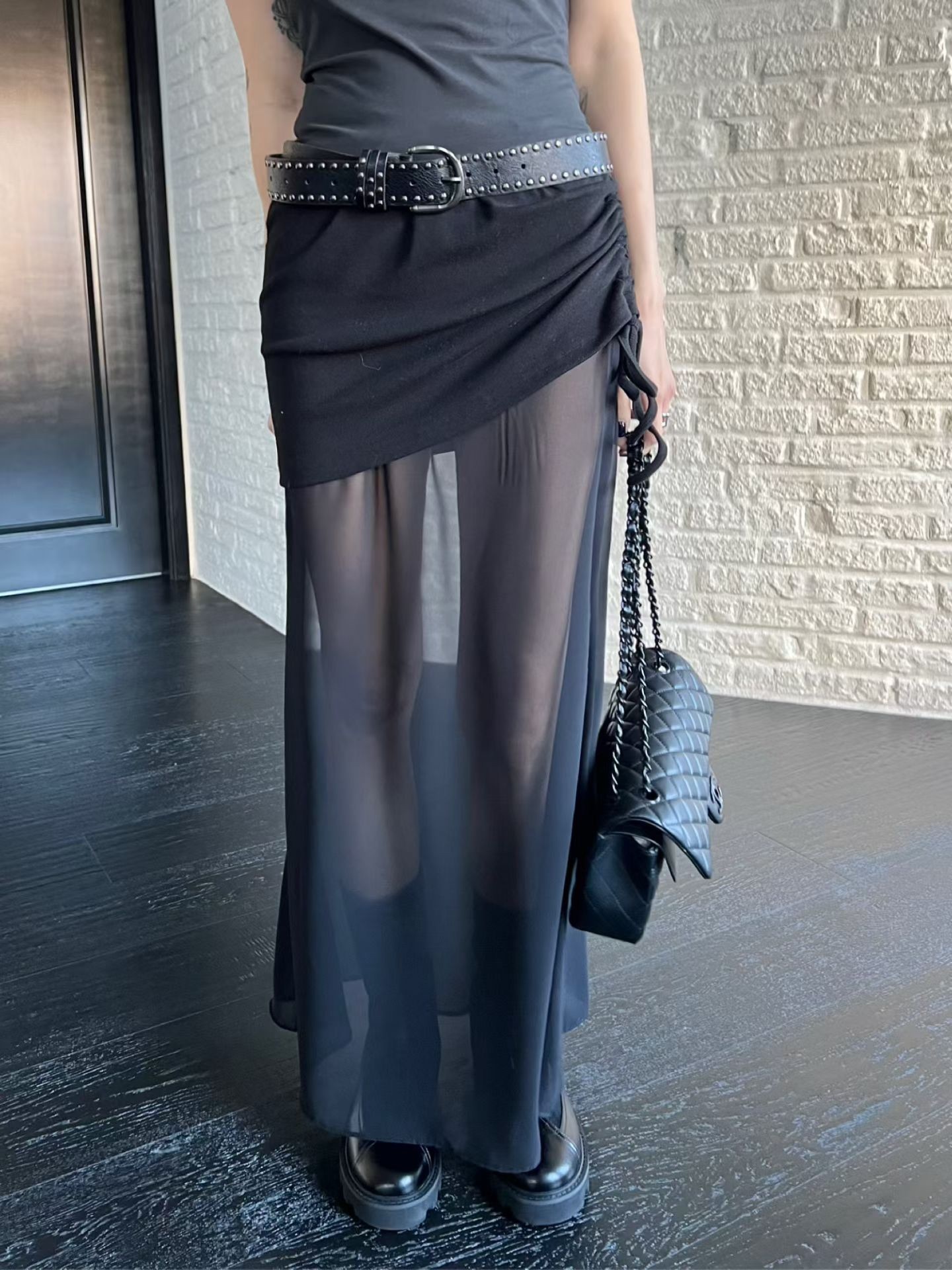 (現貨)🇰🇷#AL114 抽繩透紗長裙(黑/白)