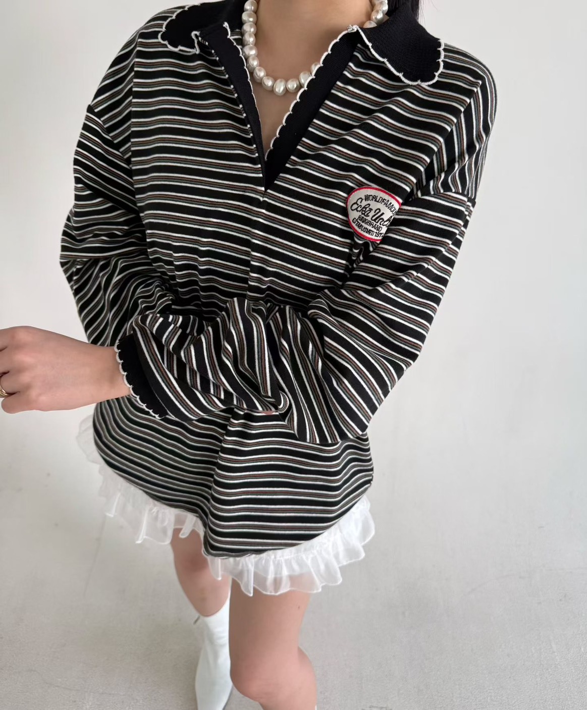 花邊翻領POLO條紋衫