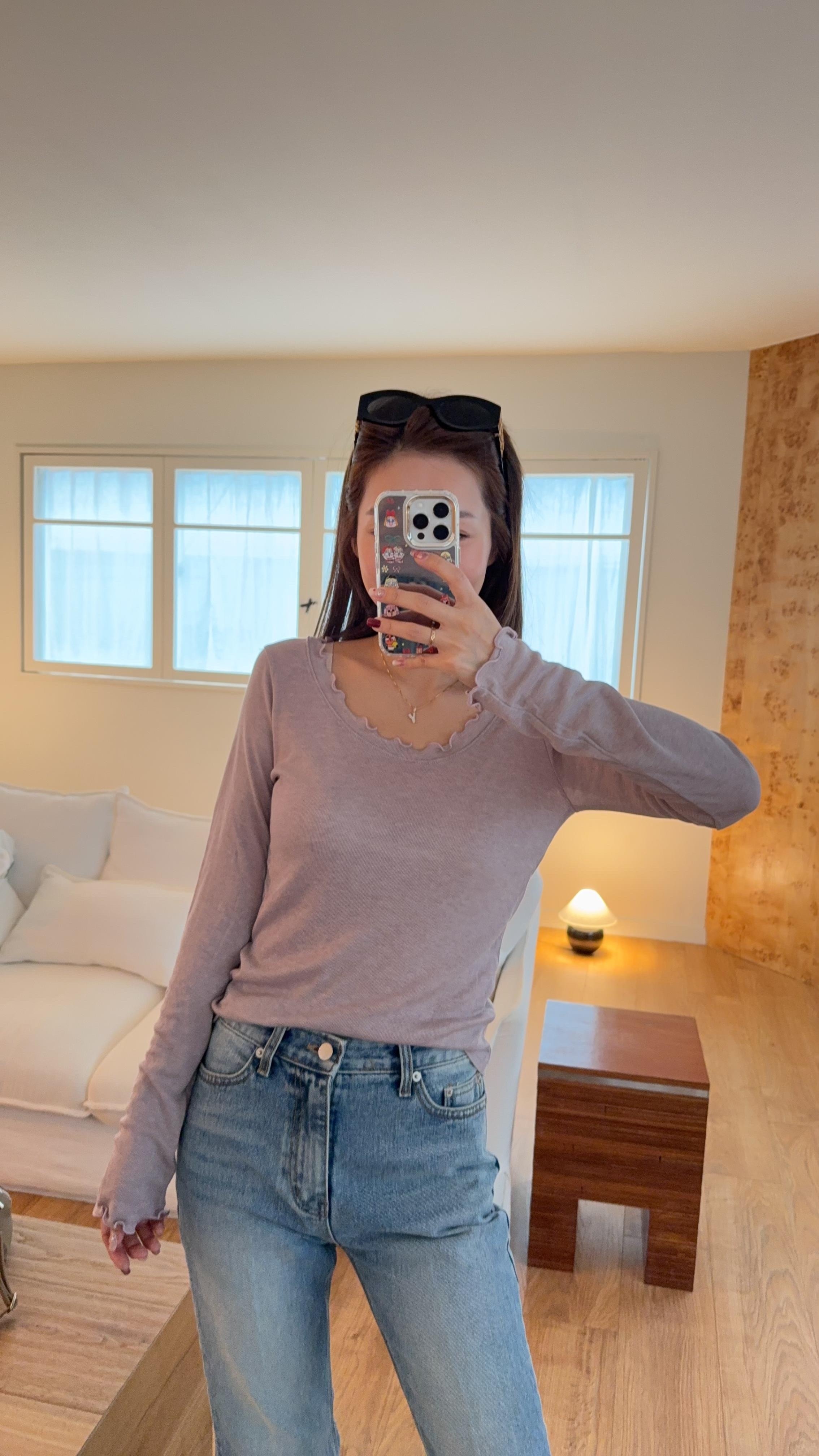 波浪邊長袖彈性Top