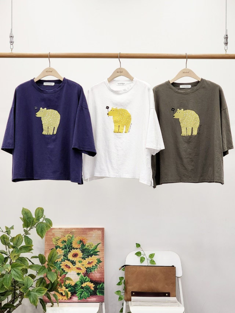 極簡小熊印花棉T｜療癒系寬版休閒上衣