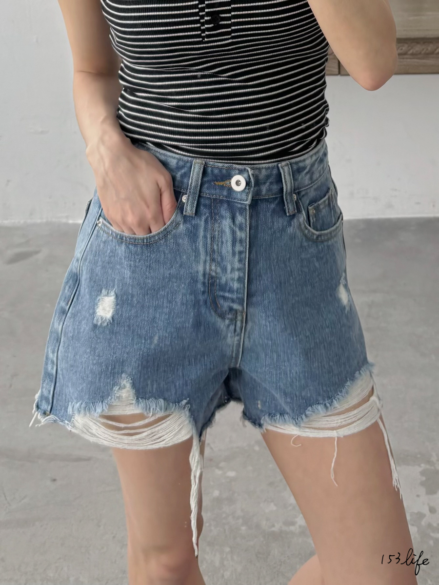 基本百搭高腰破洞A字短褲(S-XL)