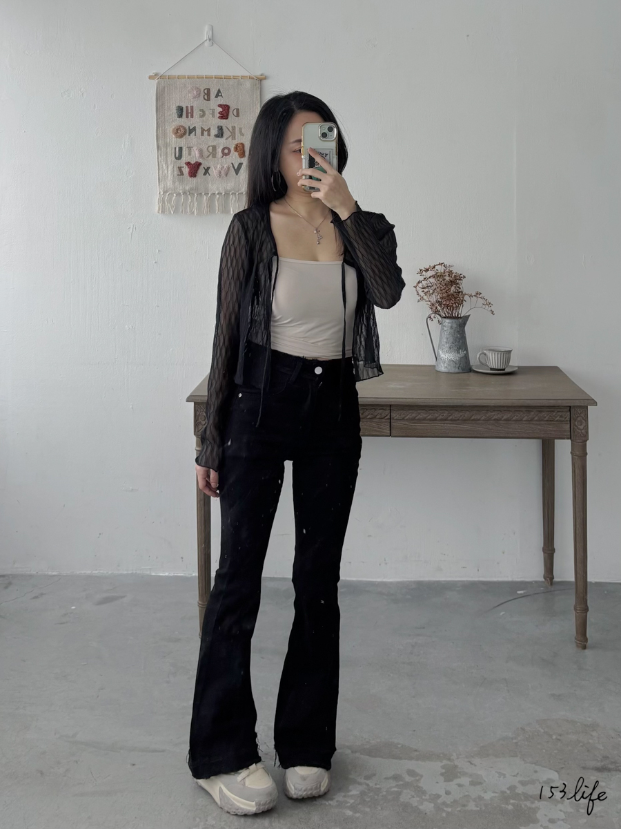 抽鬚造型長腿牛仔喇叭褲(S-XL)(2色)