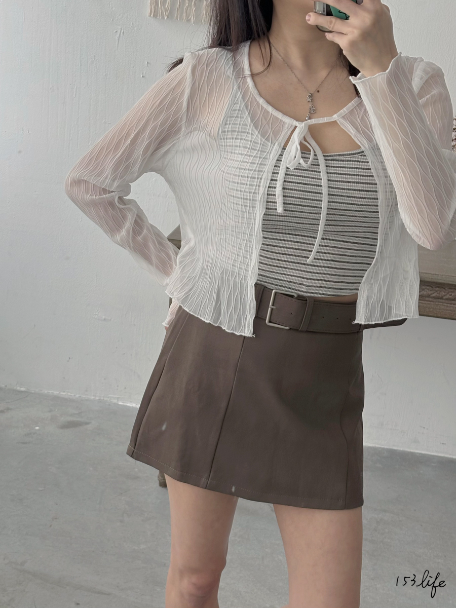 透膚波浪紋理綁繩罩衫(3色)