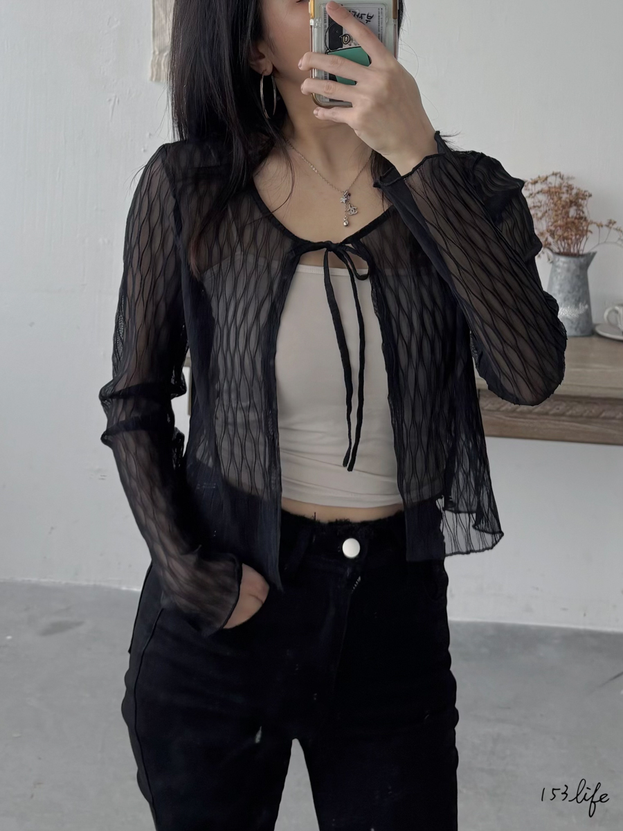 透膚波浪紋理綁繩罩衫(3色)