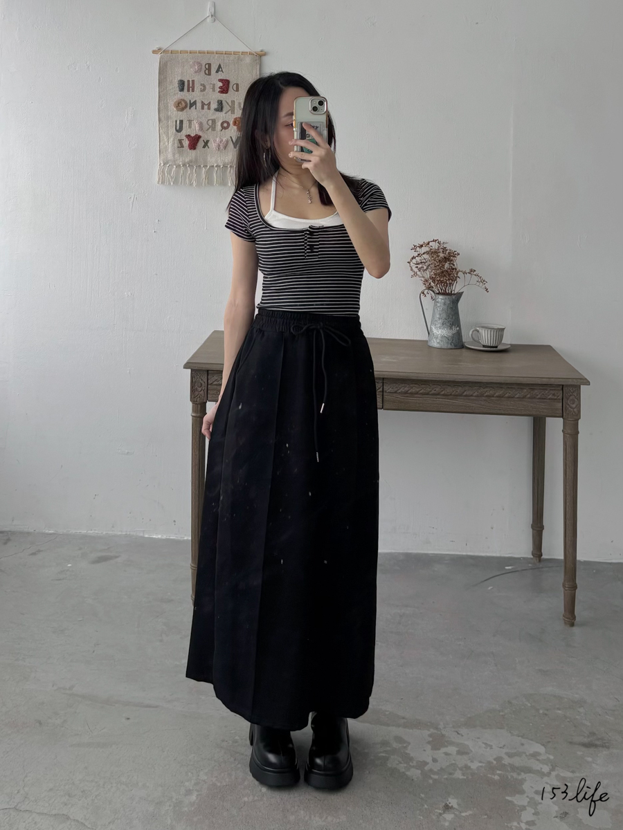 太空棉鬆緊腰抽繩線條長裙(3色)