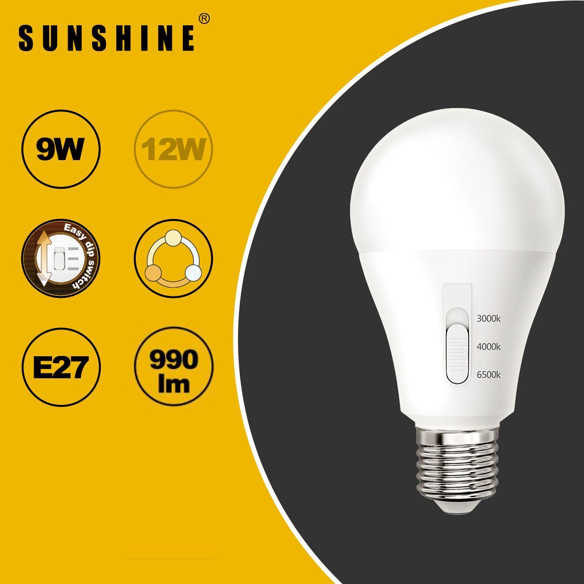 調撥三色LED燈膽(A60球膽) 9W E27大螺頭 黃光3000K/米光4000K/白光6500K LCCTB-9W