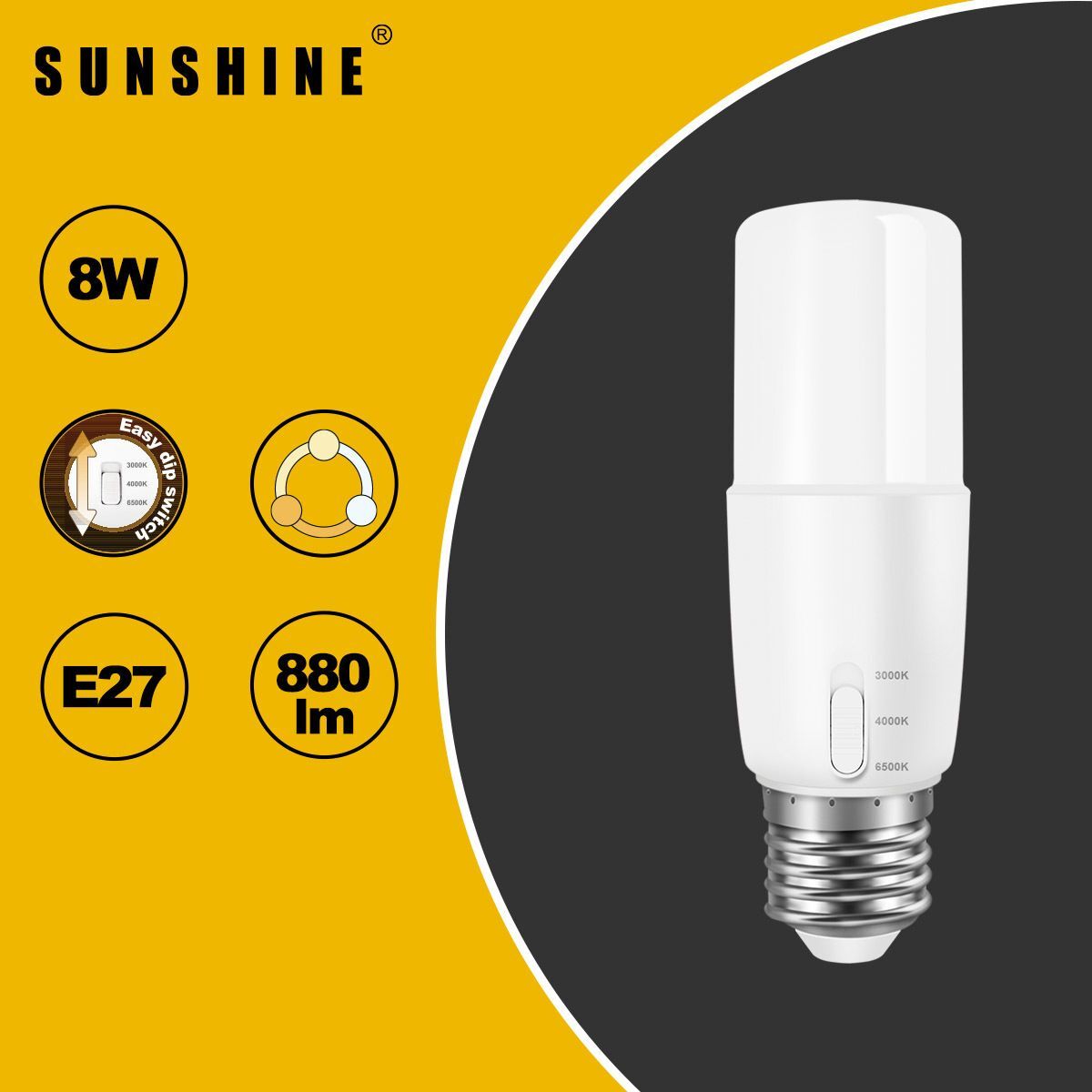 調撥三色LED燈膽(棒燈) 8W / E27大螺頭 / 黃光3000K LCCTPIN-8W