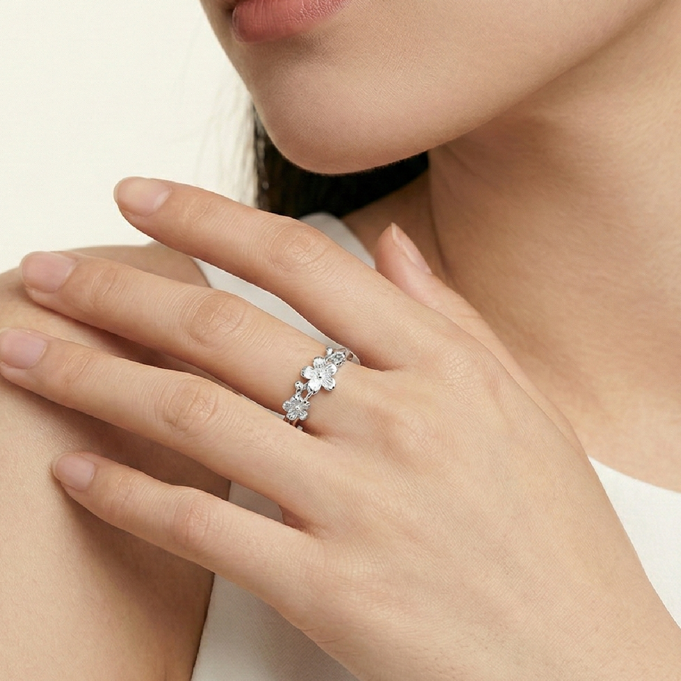 【AOI】自然 銀花銀葉-純銀可調戒指