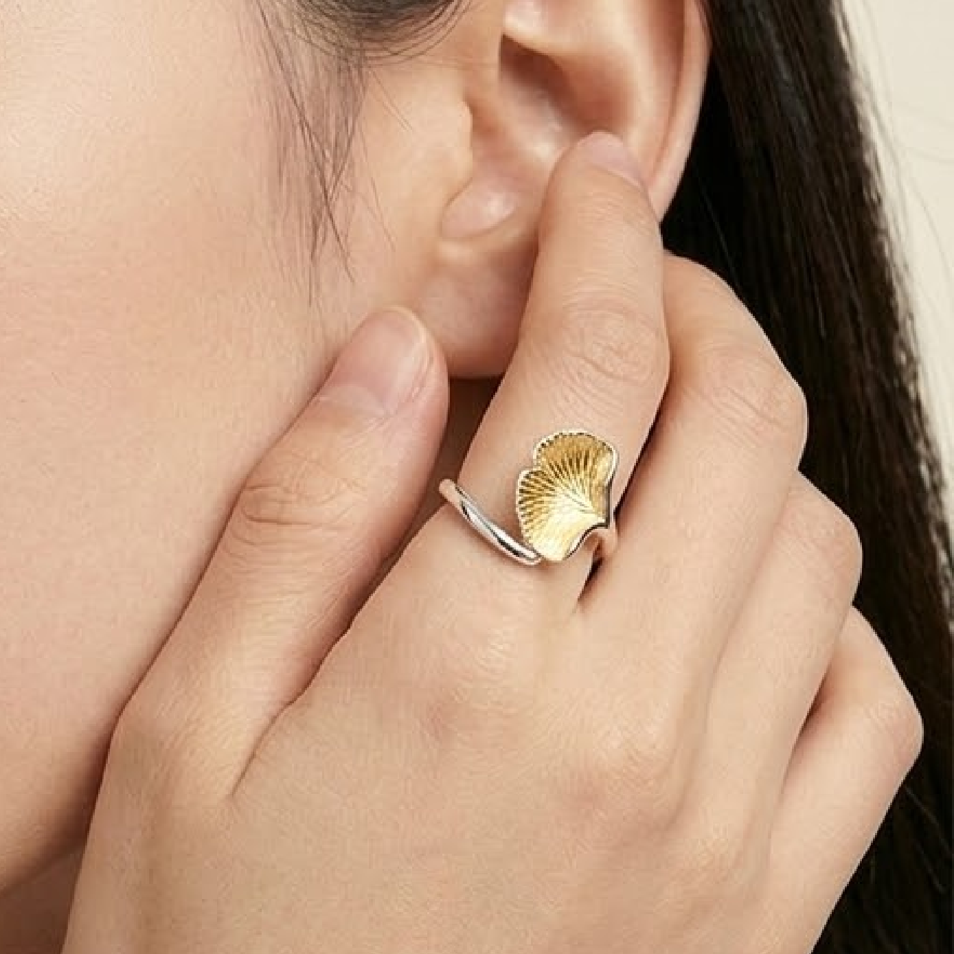 【AOI】知性 金銀杏交環-純銀可調戒指