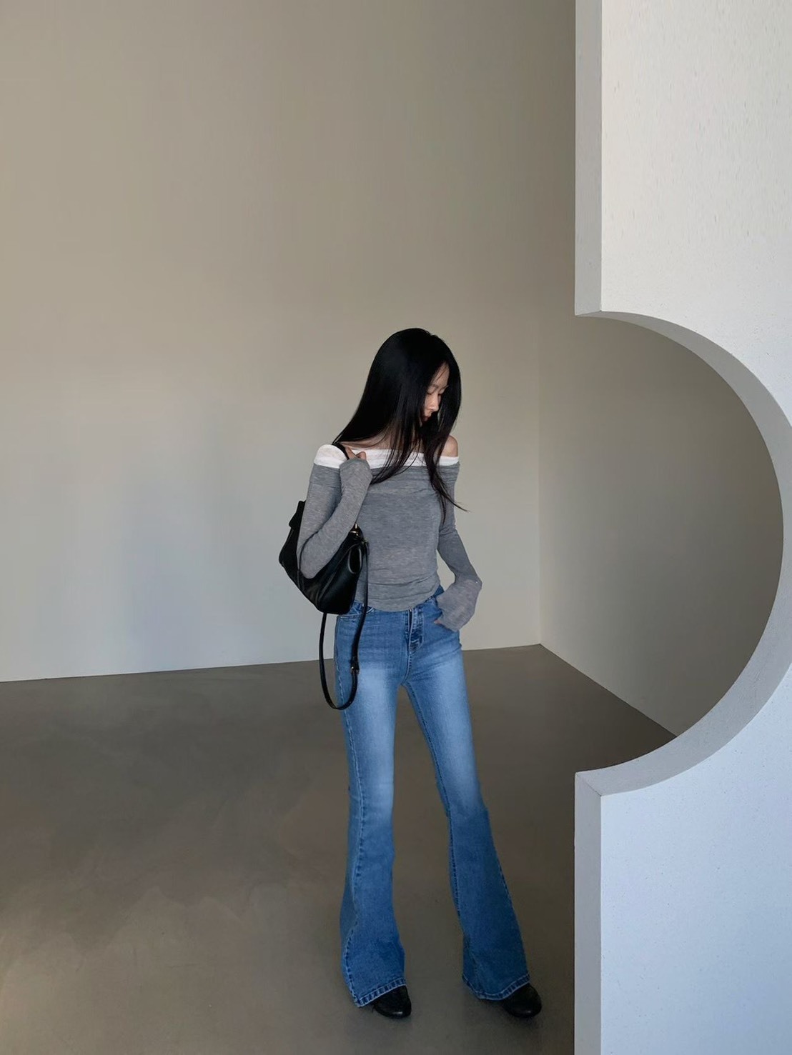 牛仔刷色喇叭長褲