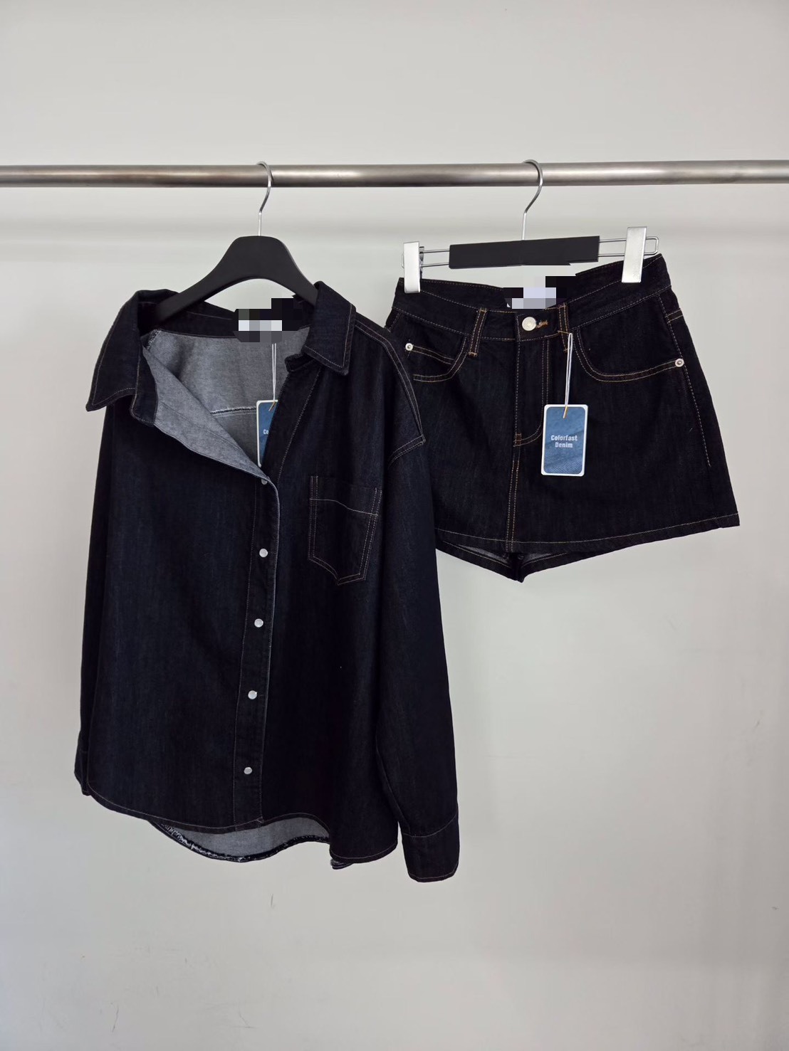 深藍單露肩牛仔襯衫  短褲裙(分售)