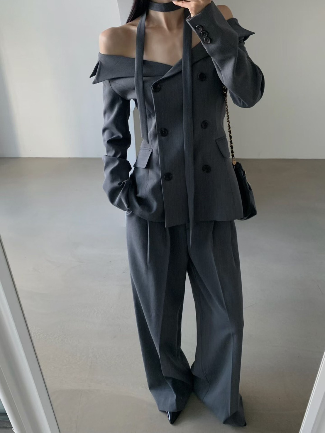 露肩排釦附巾西裝外套  西裝長褲(分售)