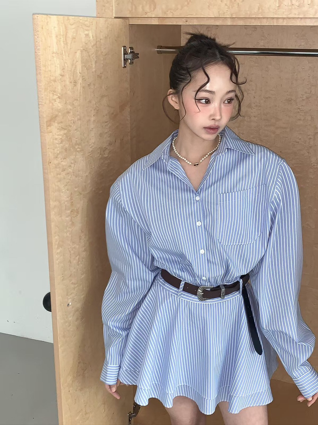 傘擺附腰帶襯衫洋裝
