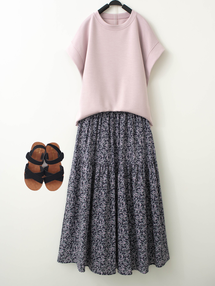 空氣棉連袖上衣碎花剪接細褶棉質長裙組合