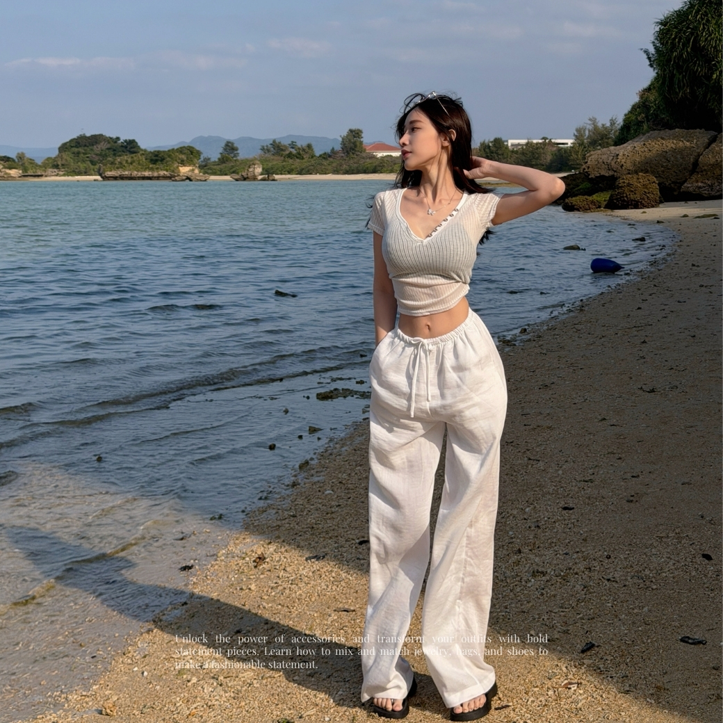 【亞麻老錢風】DOMISS休閒棉麻高腰抽繩寬褲 白色長褲 渡假穿搭(預購)