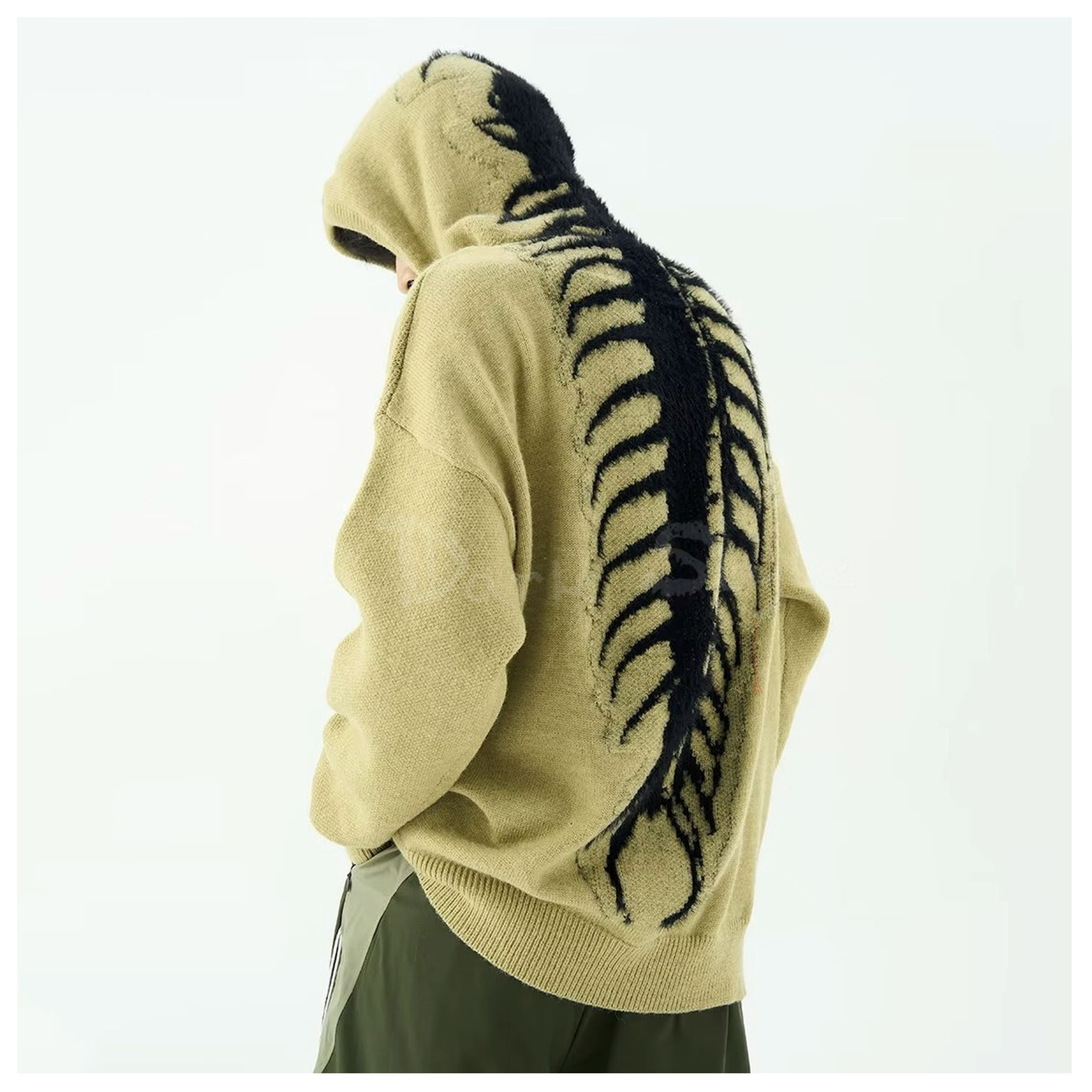 骨-美式 Vibe 慵懶風骨骼針織連帽衛衣－重磅提花、小眾設計感、高街寬鬆廓形針織衫