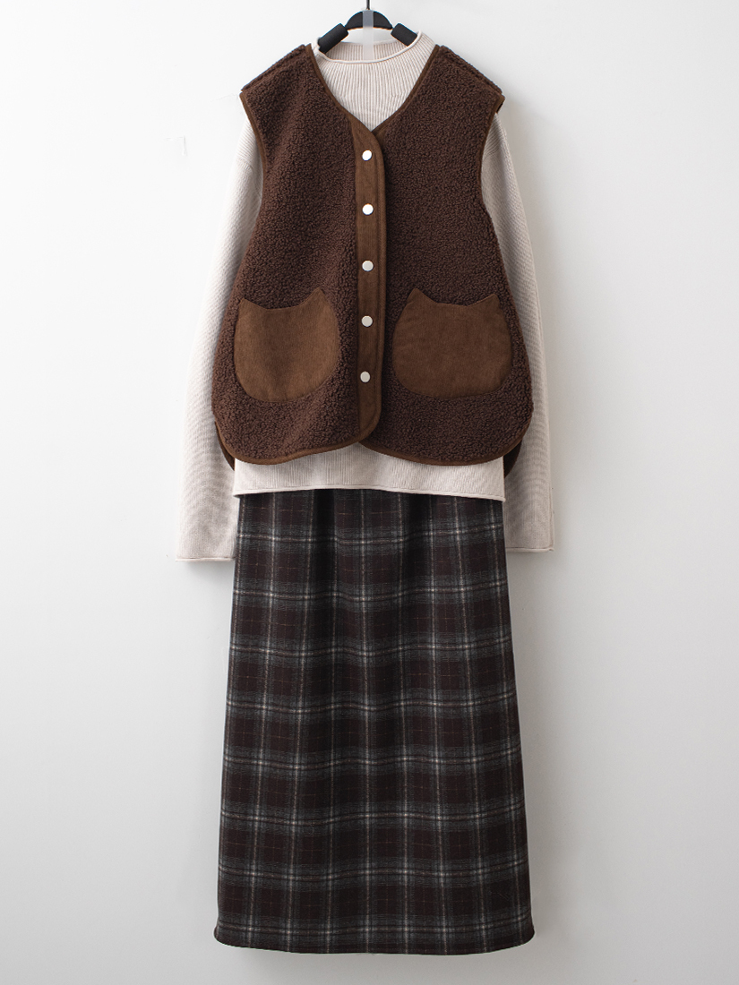 條絨背心捲邊落肩針織上衣內絨毛開衩長裙