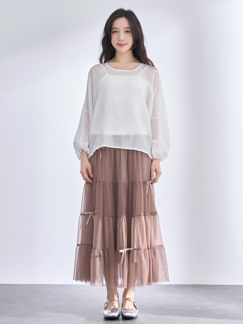 光澤透膚上衣緞帶蝴蝶結層次蛋糕紗裙組合