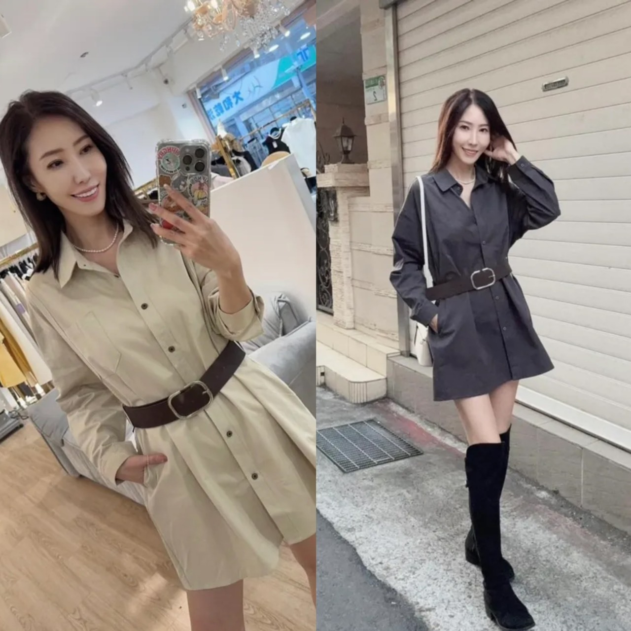 B10069 -超顯瘦附腰帶A字襯衫洋裝