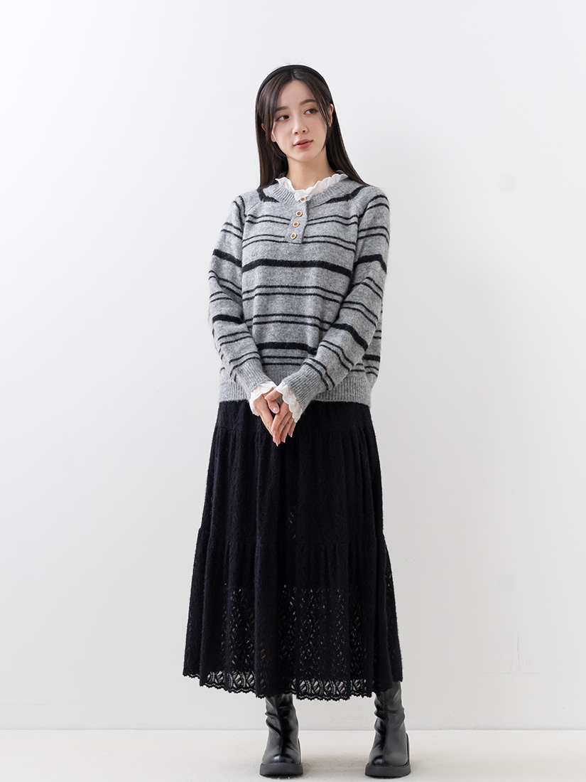 溫甜氣質棉布蕾絲條紋針織毛衣