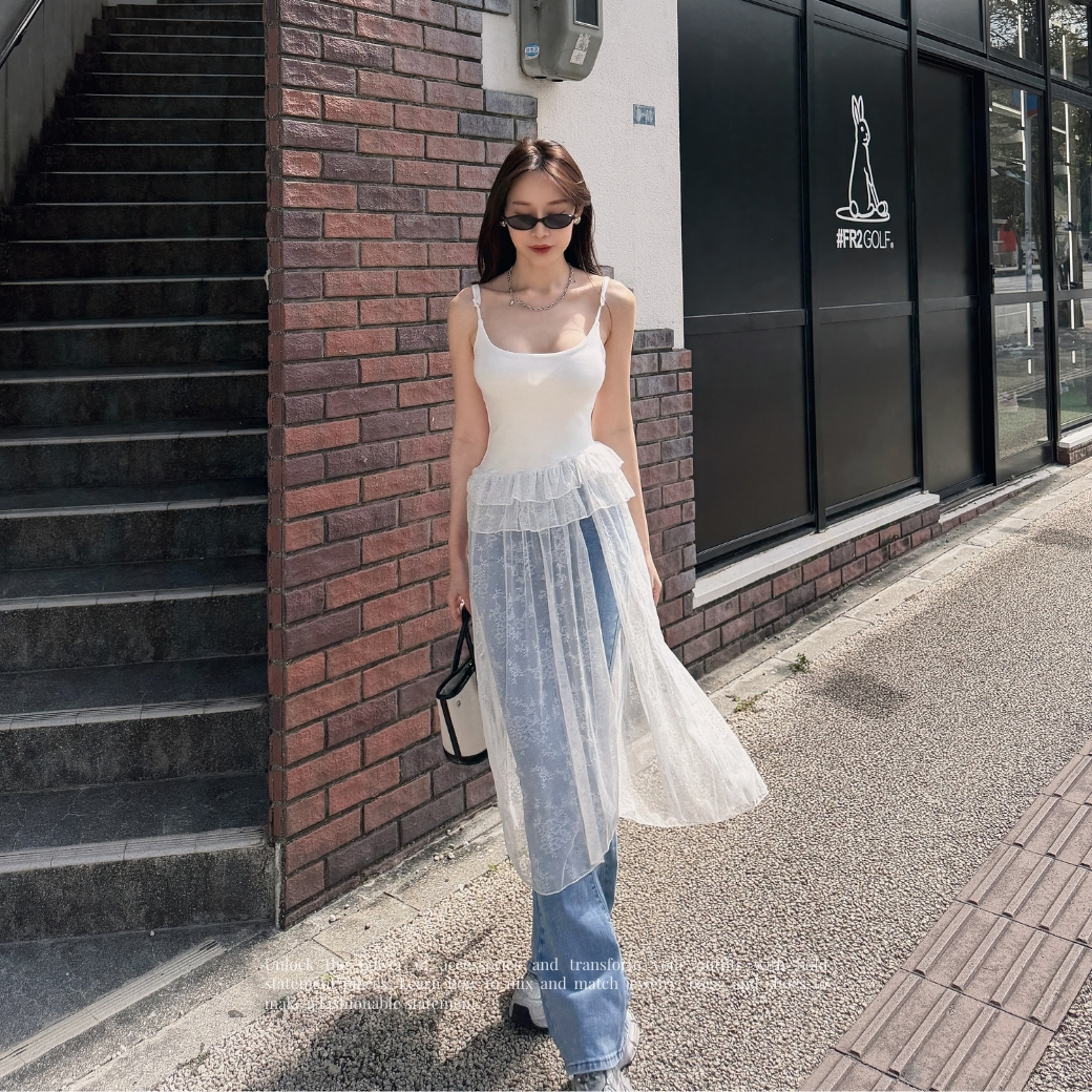 【疊穿美學】DOMISS蕾絲網紗拼接吊帶裙 背心裙(現貨)