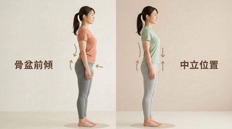 產後女性側面站姿對比,左圖呈現骨盆前傾姿勢,右圖為中立位置,穿著淺色運動服,溫暖日系生活風格。
