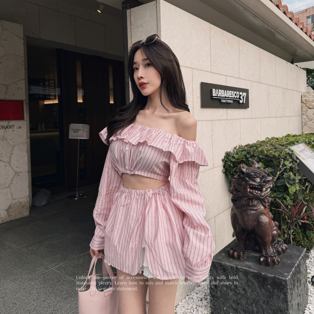 【春日富家感】DOMISS自製-粉色條紋一字領洋裝