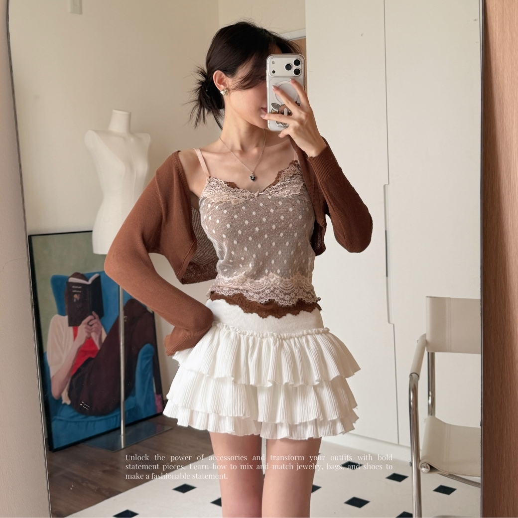 【復古浪漫學】DOMISS蕾絲波點背心+咖色短版罩衫 兩件套 外罩(現貨)