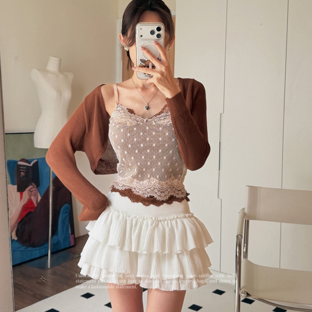 【復古浪漫學】DOMISS蕾絲波點背心+咖色短版罩衫 兩件套 外罩(現貨)