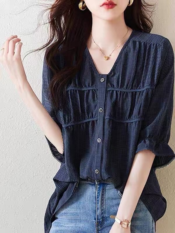 6669-韓系高級V領抓褶格紋五分袖襯衫