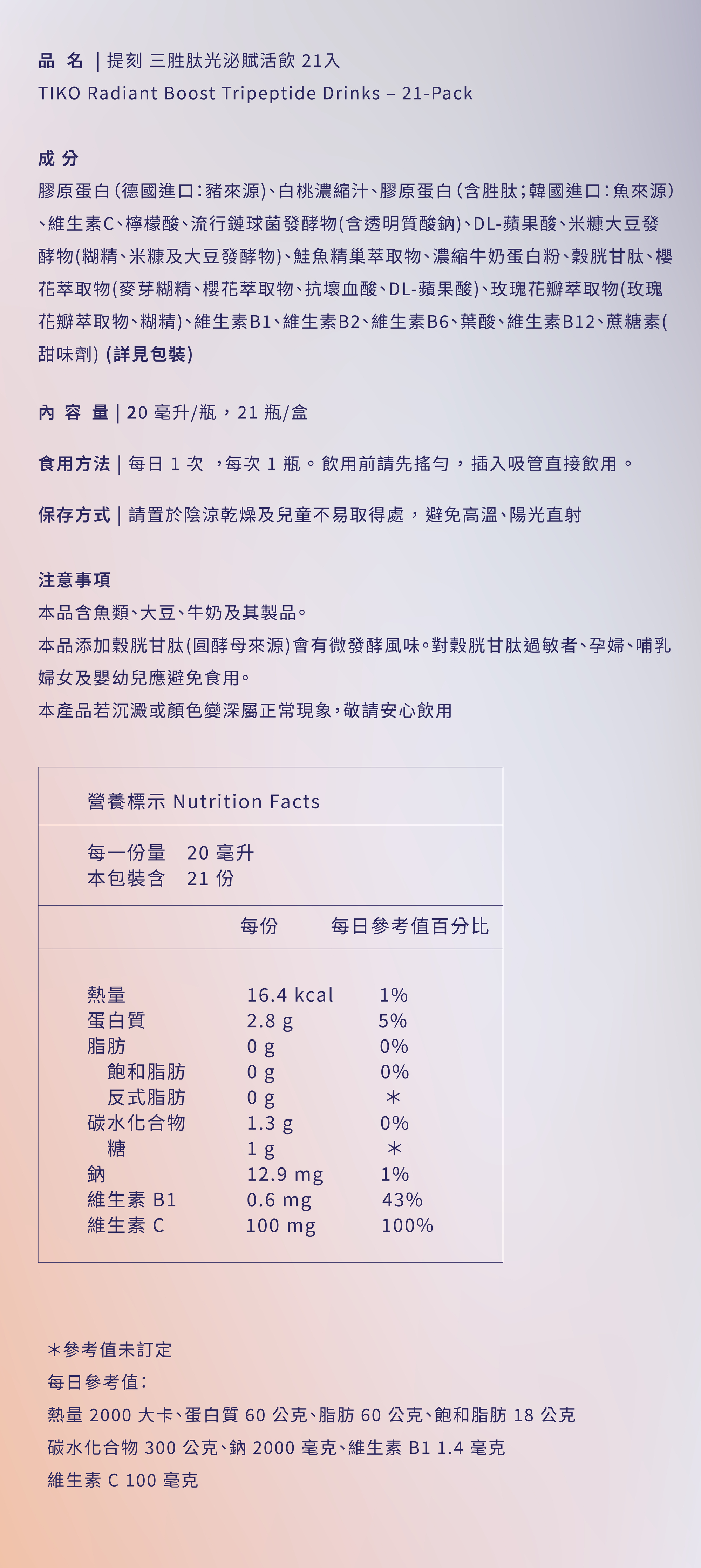 提刻三胜肽光泌賦活飲 21 入完整營養與成分標示，詳細列出德國豬來源膠原蛋白、韓國魚來源三胜肽、維生素 C、穀胱甘肽及多種植物萃取，並標註熱量僅 16.4 大卡。
