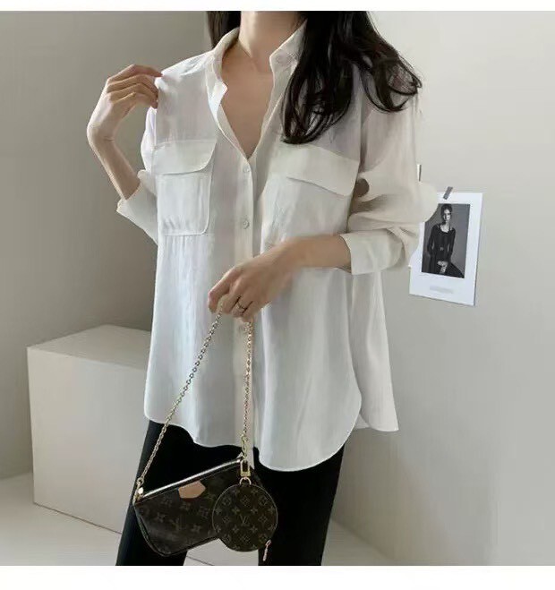 8502-韓版簡約側開叉修身口袋造型襯衫