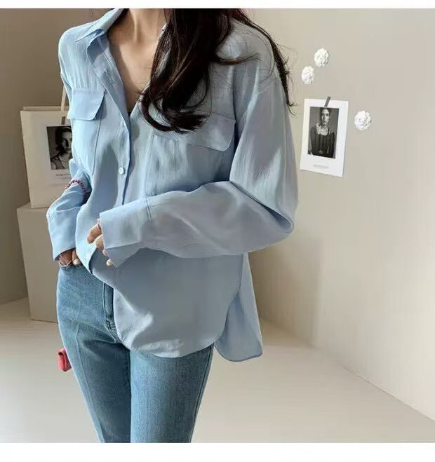 8502-韓版簡約側開叉修身口袋造型襯衫