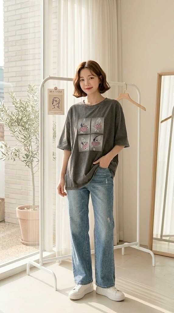 2001-韓系復古慵懶牡蠣寶寶塗鴉棉T