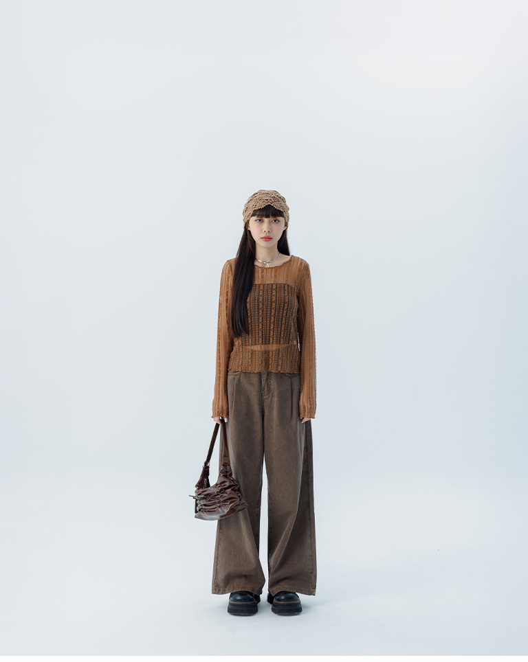 Lace sheer ruffled wide neckline top - brown S/M【01099484】in stock+pre-order