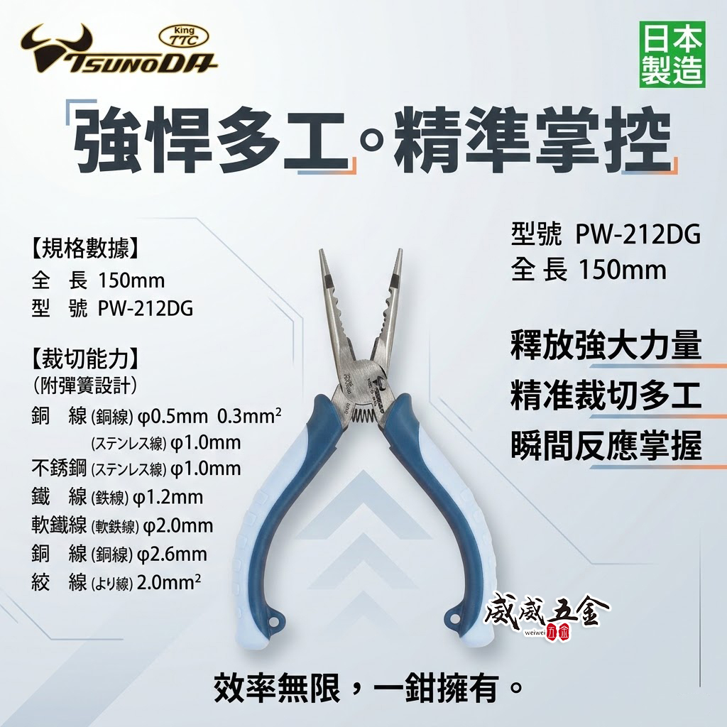 日本製 KING TTC 角田 TSUNODA｜PW-212DG｜6" 萬能尖口鉗 V槽加工 極細膠柄尖嘴鉗