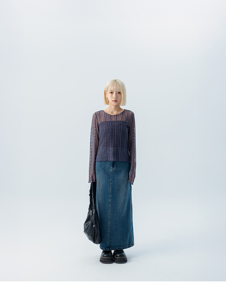 Lace sheer ruffled wide neckline top - purple S/M【01099486】in stock+pre-order