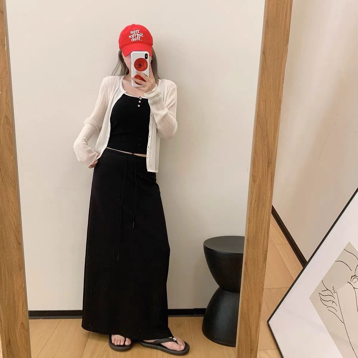 2990-韓系慵懶直筒抽繩後開叉裙