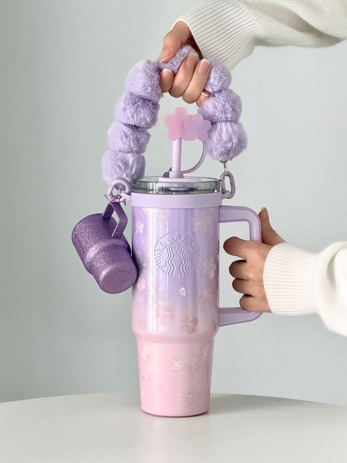 STARBUCKS 星巴克 漸變紫櫻花 雙飲口 保溫杯 配吸管 掛件 900ml