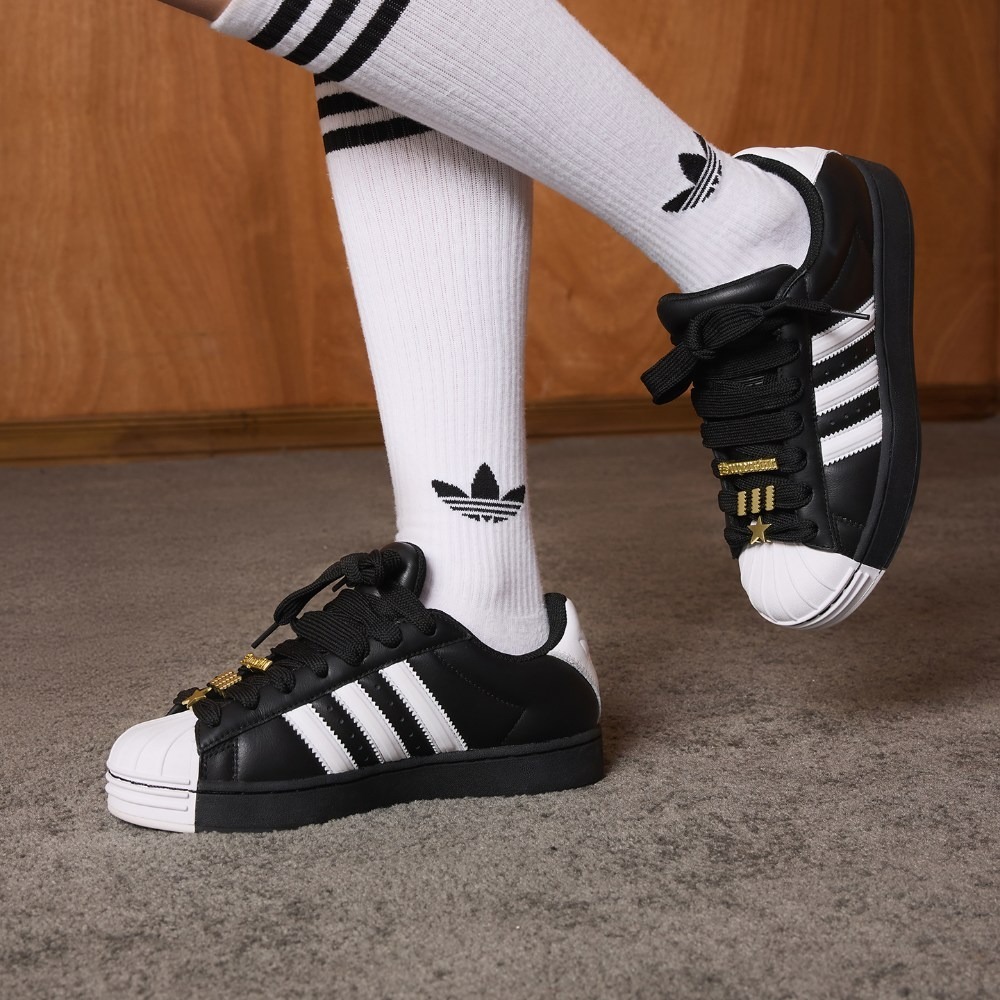 女鞋 ADIDAS SUPERSTAR II ORIGINALS 黑 貝殼頭 皮革 星星 粗鞋帶 復古 休閒鞋【JR7444】