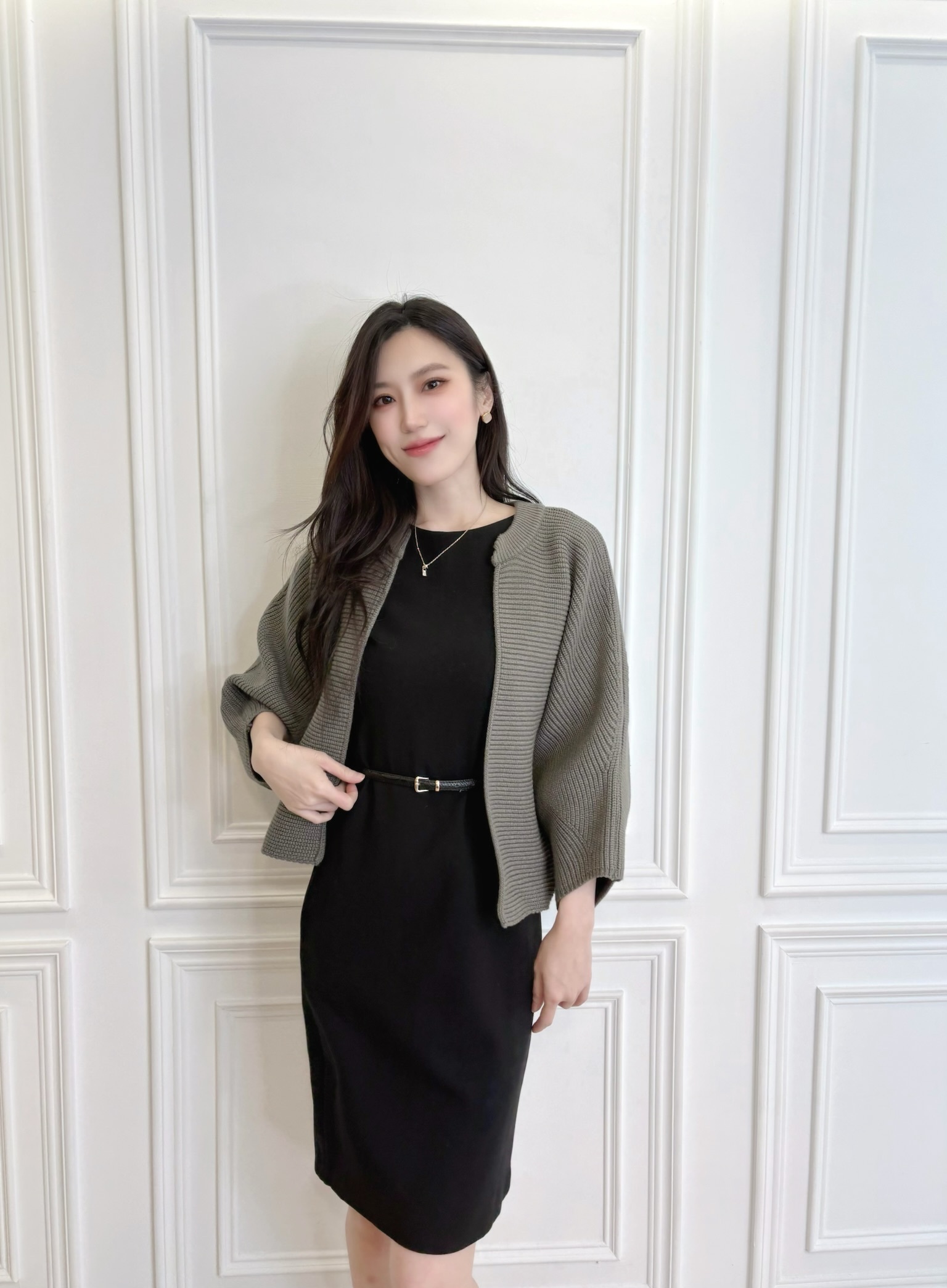 (高級大牌感)壓紋飛鼠袖針織外套