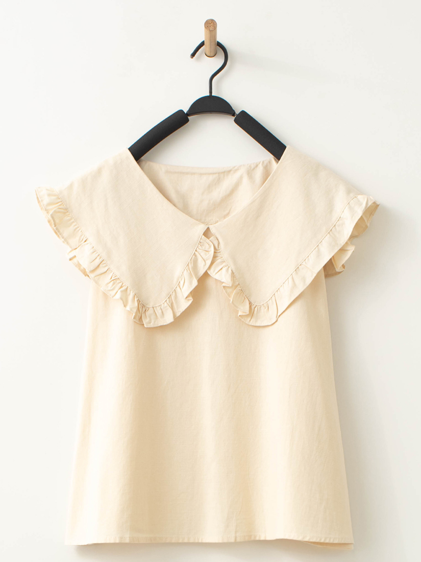 棉麻感荷葉領片無袖上衣