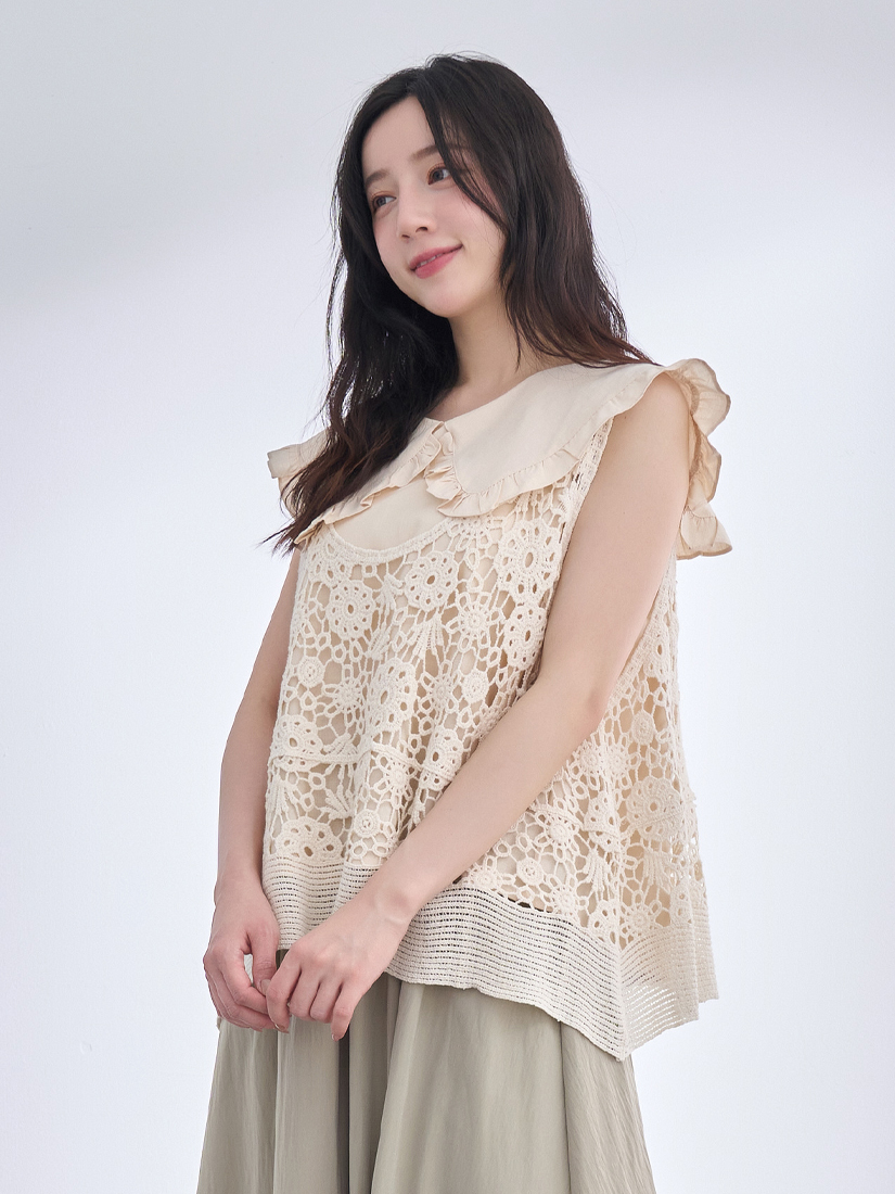 棉麻感荷葉領片無袖上衣