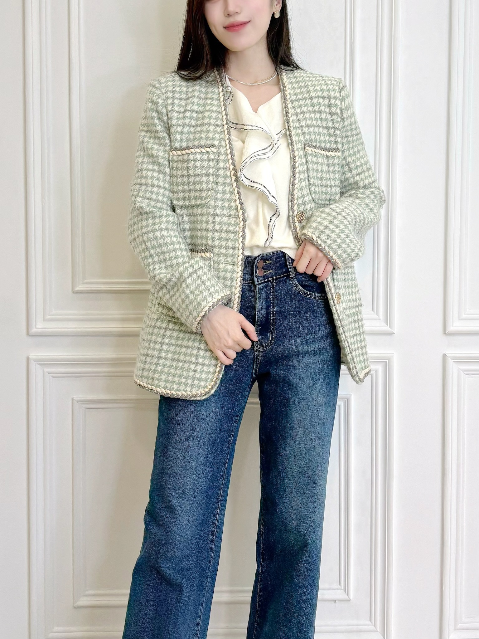 淺綠千鳥紋小香外套