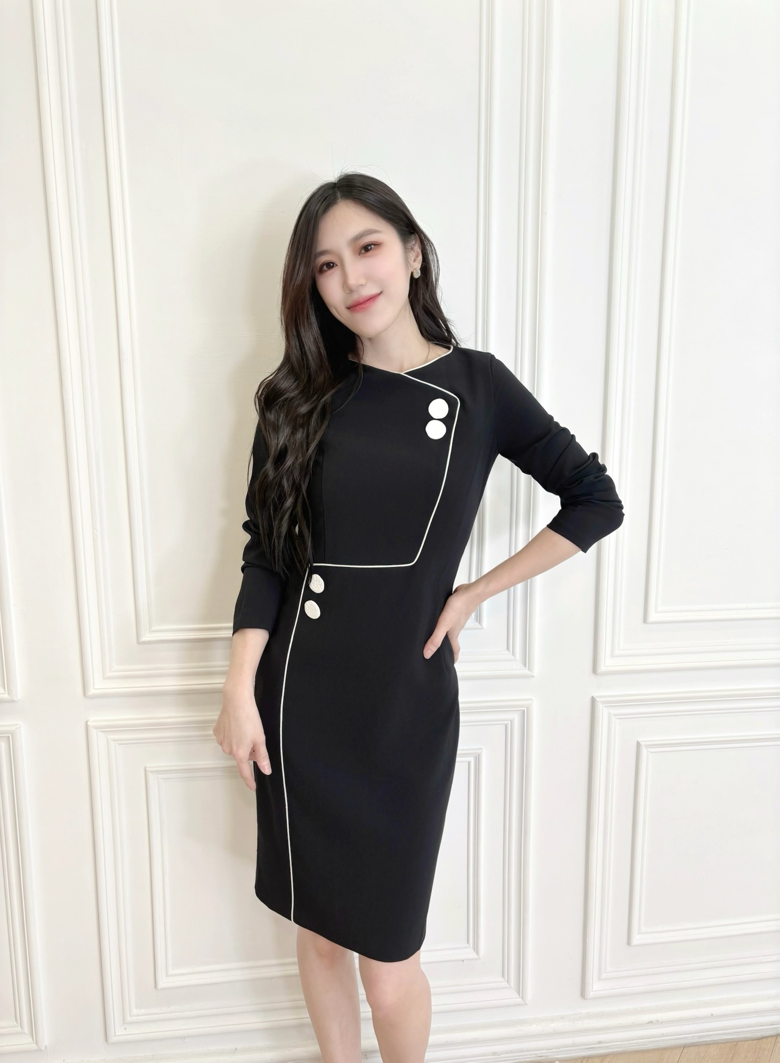 雙圓釦造型洋裝(黑/S)