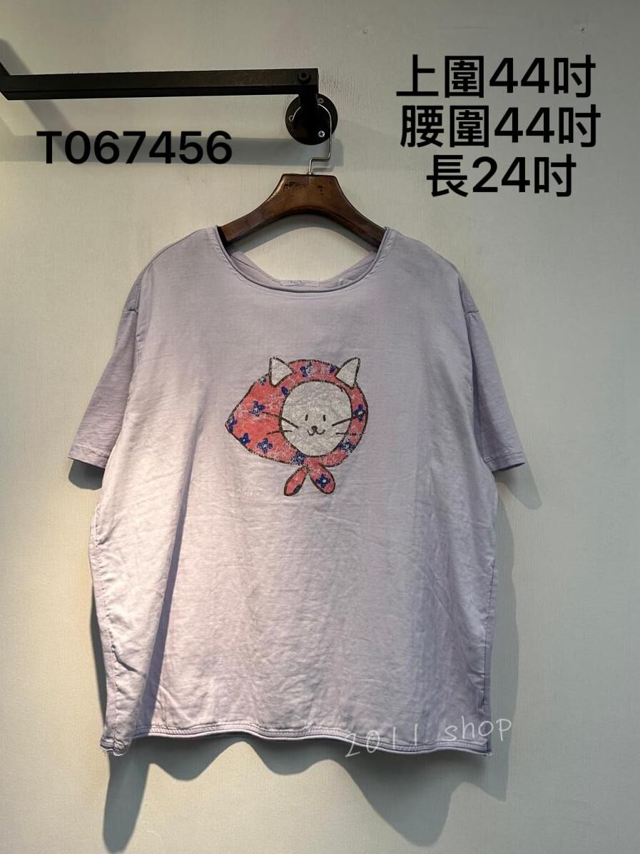 出口日本卷卷邊貓咪TEE  上圍44吋  腰圍44吋 長24吋  T067456