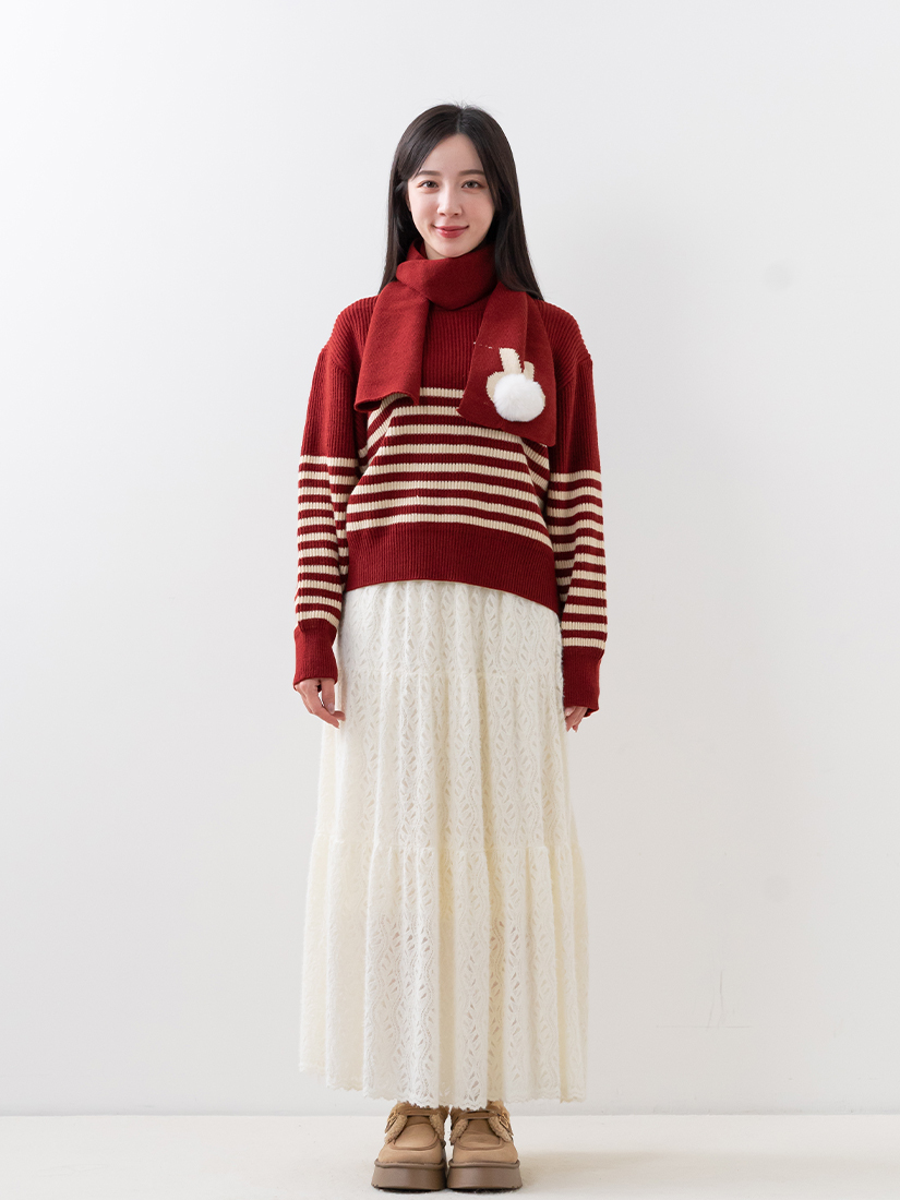 圍巾針織毛衣蕾絲絨毛蛋糕長裙組合