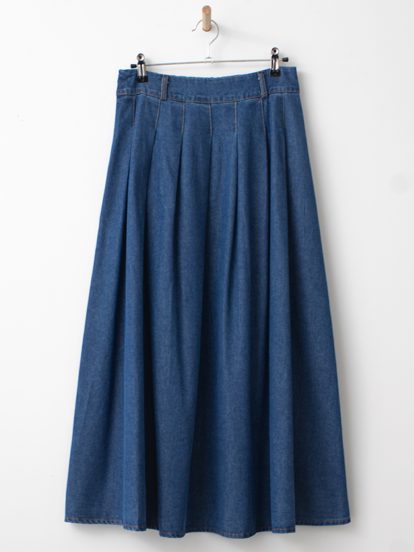 柔軟鬆緊腰百褶A字牛仔長裙